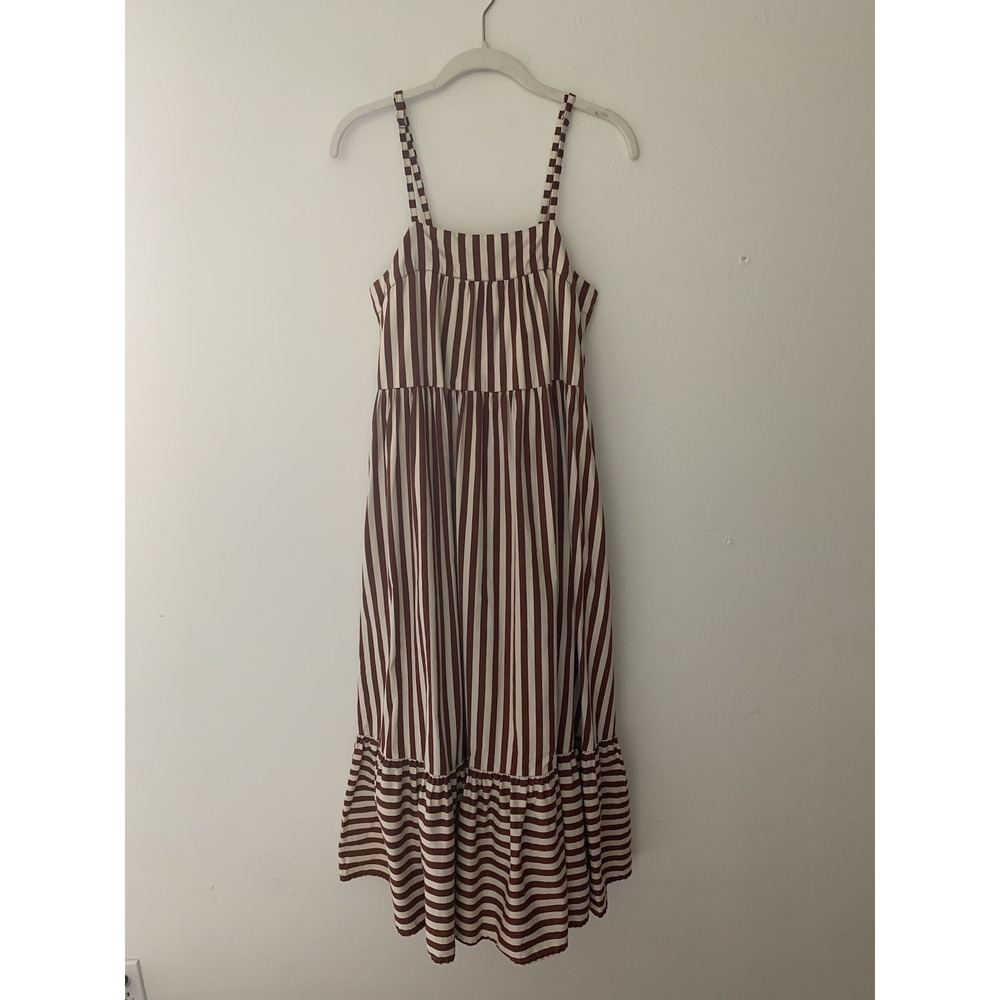 Mikoh Tiered Midi Cabana Stripe Dress 1 Brown Ivory 100% Cotton Spaghetti Straps